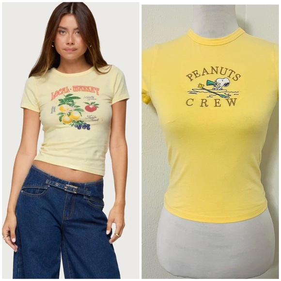 Peanuts Women’s XS Yellow Fitted Crop Graphic T-Shirt “Peanuts Crew” NWOT Casual - Picture 1 of 7